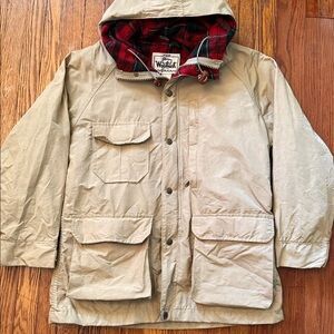Woolrich Beige Hooded Parka Jacket with Plaid Lining